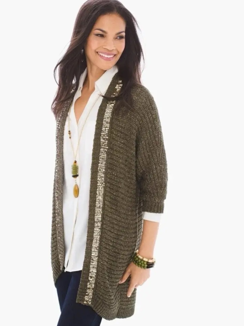 Chico’s Olive Green Sequin Trim Open Front Cardigan Size 3 (16/XL) NWT